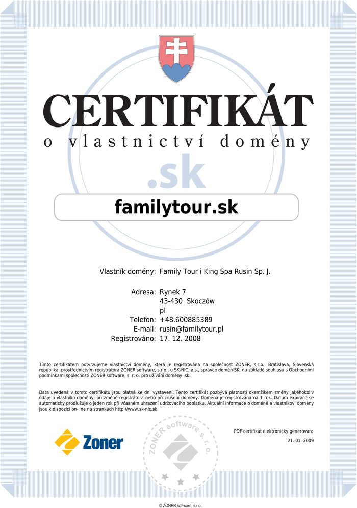 Certyfikát familytour.sk