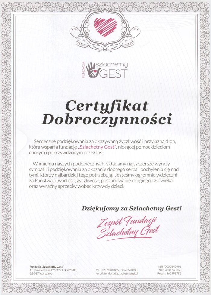 Certyfikat Dobroczynności 2018